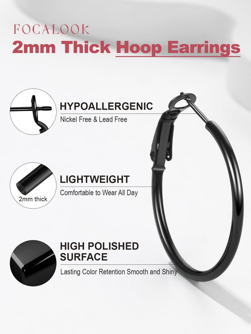 FOCALOOK Black Hoop Earrings for Women, 30mm Lightweight Large Hoops, Hypoallergenic Thin Black Stainless Steel Earrings - Image 4